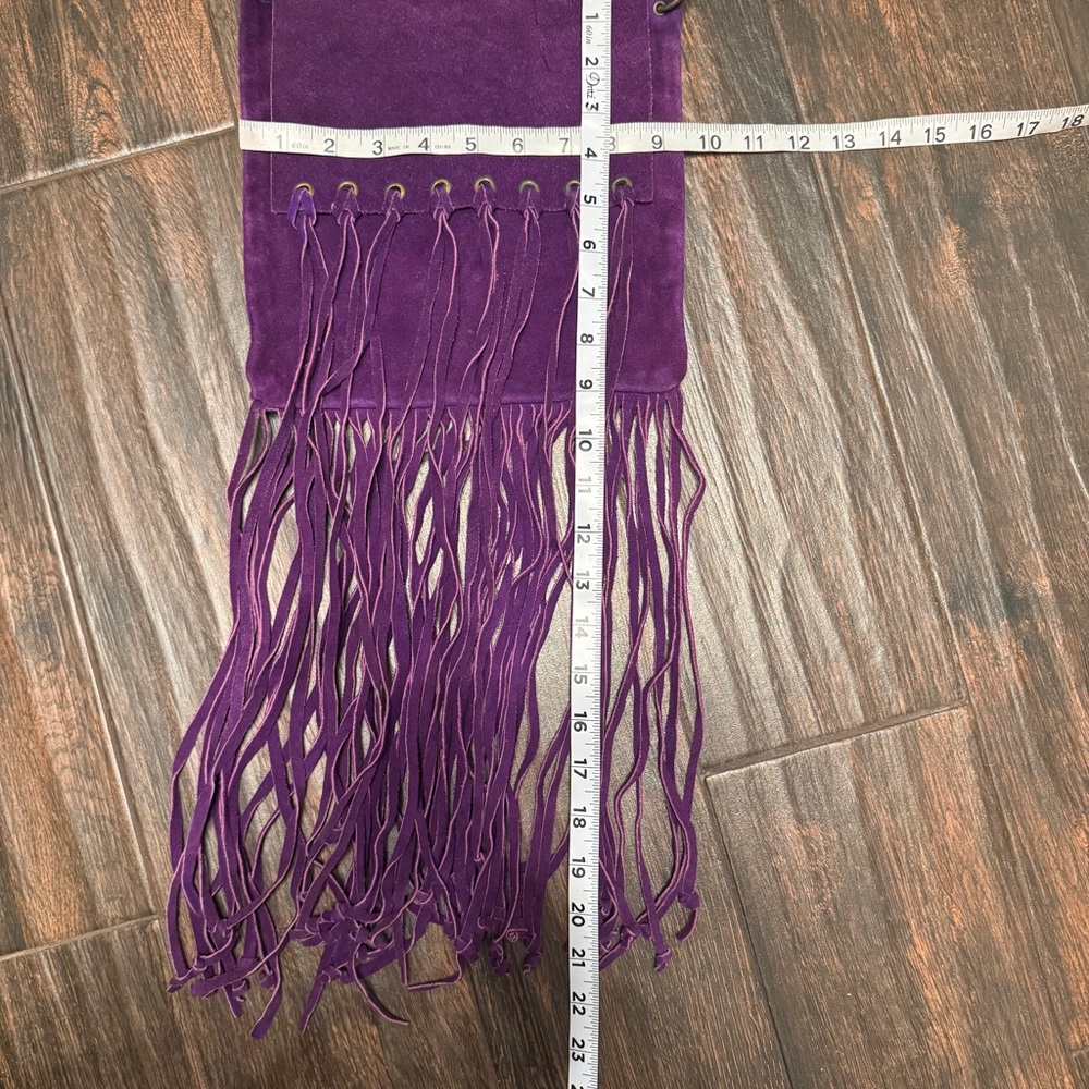 Vintage Purple Suede Leather Long Fringe Flap Shoulder Crossbody Bag - Picture 6 of 8